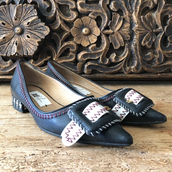 Rue St Aurea Point Toe Big Buckle Contrast Stitched Leather Ballet Flats 38 $430 - Picture 11 of 16